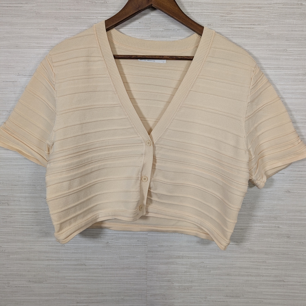 OAK + FORT Cream Short-Sleeve Cropped Cardigan Butter Yellow Cream Large - Picture 2 of 8